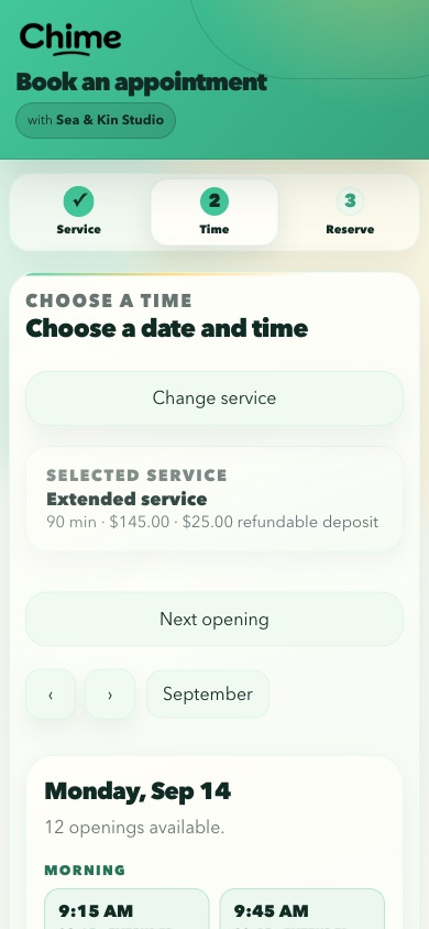 Chime mobile day view showing available appointment times