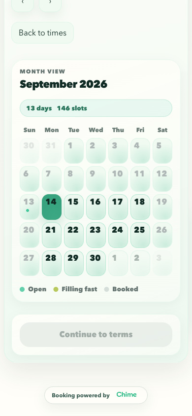 Chime mobile month view showing open and filling-fast dates
