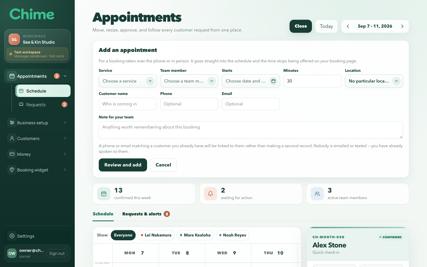Chime studio interface for adding an appointment while viewing the schedule