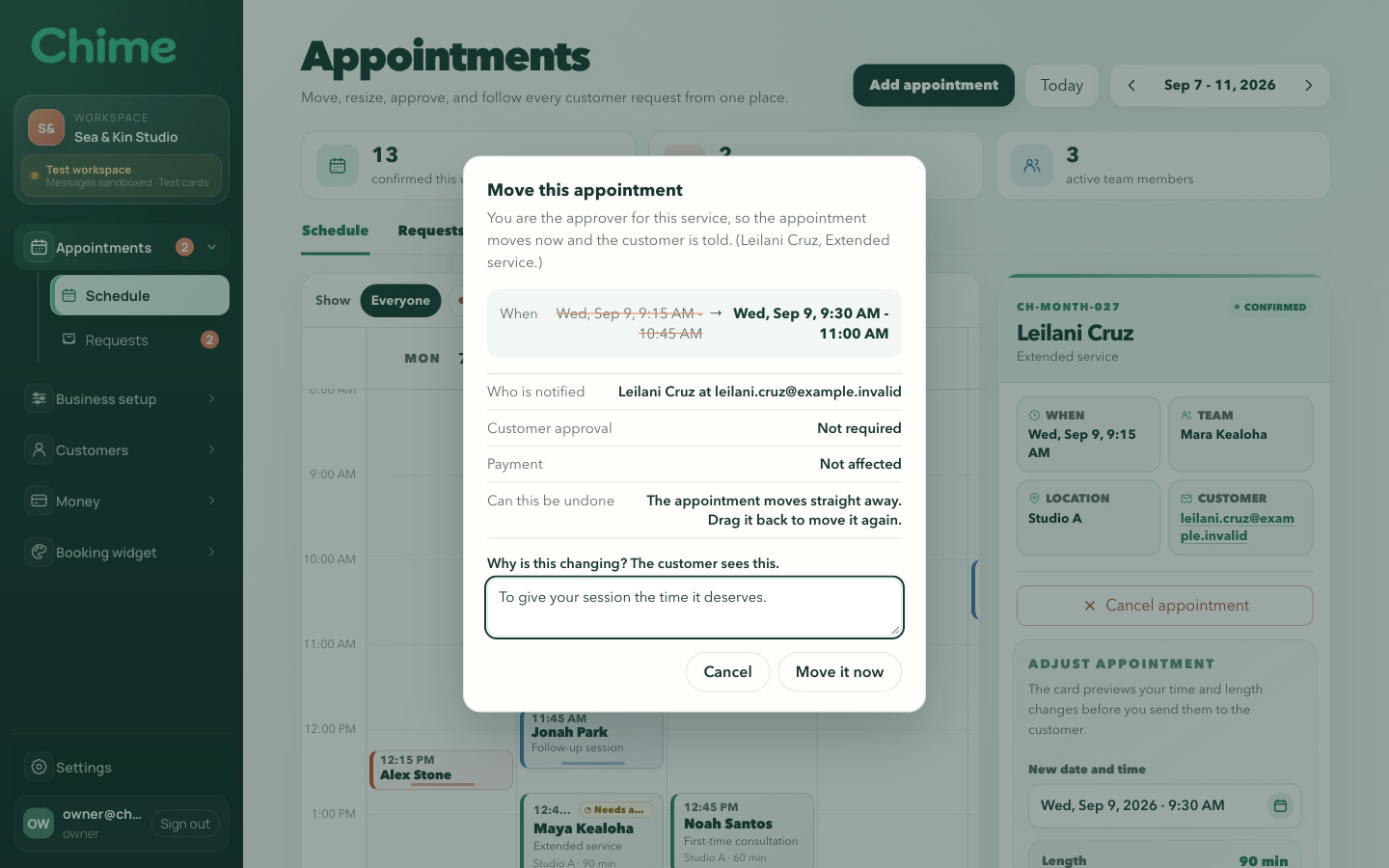 Chime review panel confirming a schedule change before notifying the customer