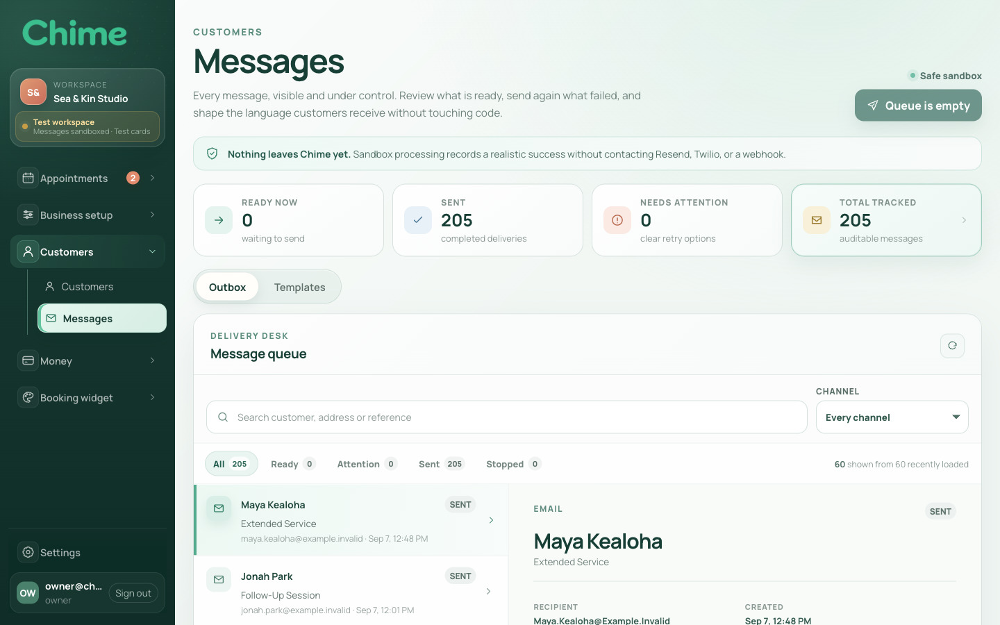 Chime message center showing customer communication status