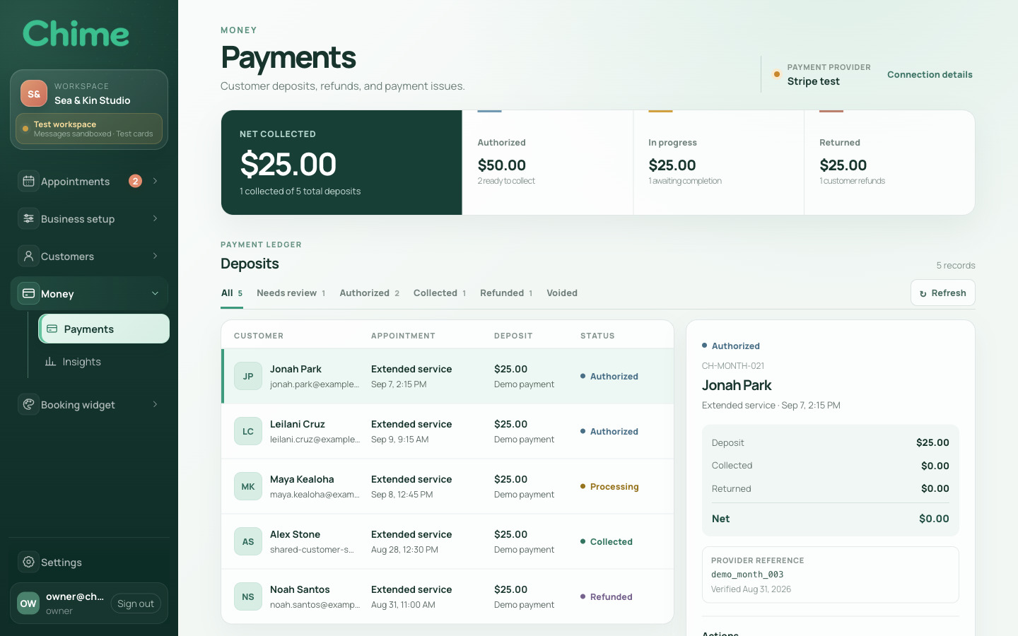Chime payments ledger showing authorized and collected deposits