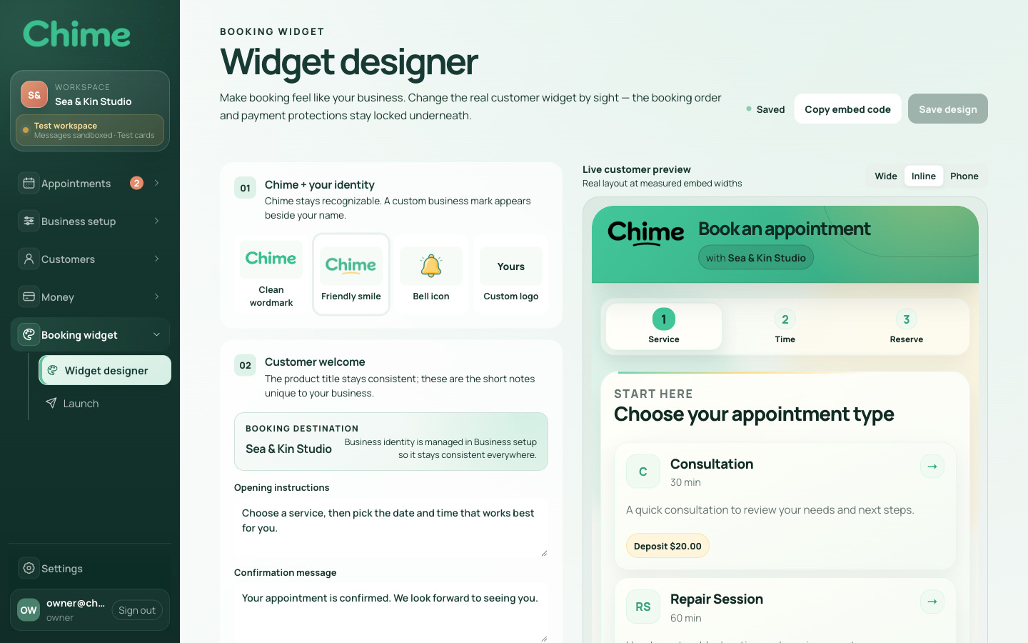 Chime widget designer with brand controls and a live customer preview
