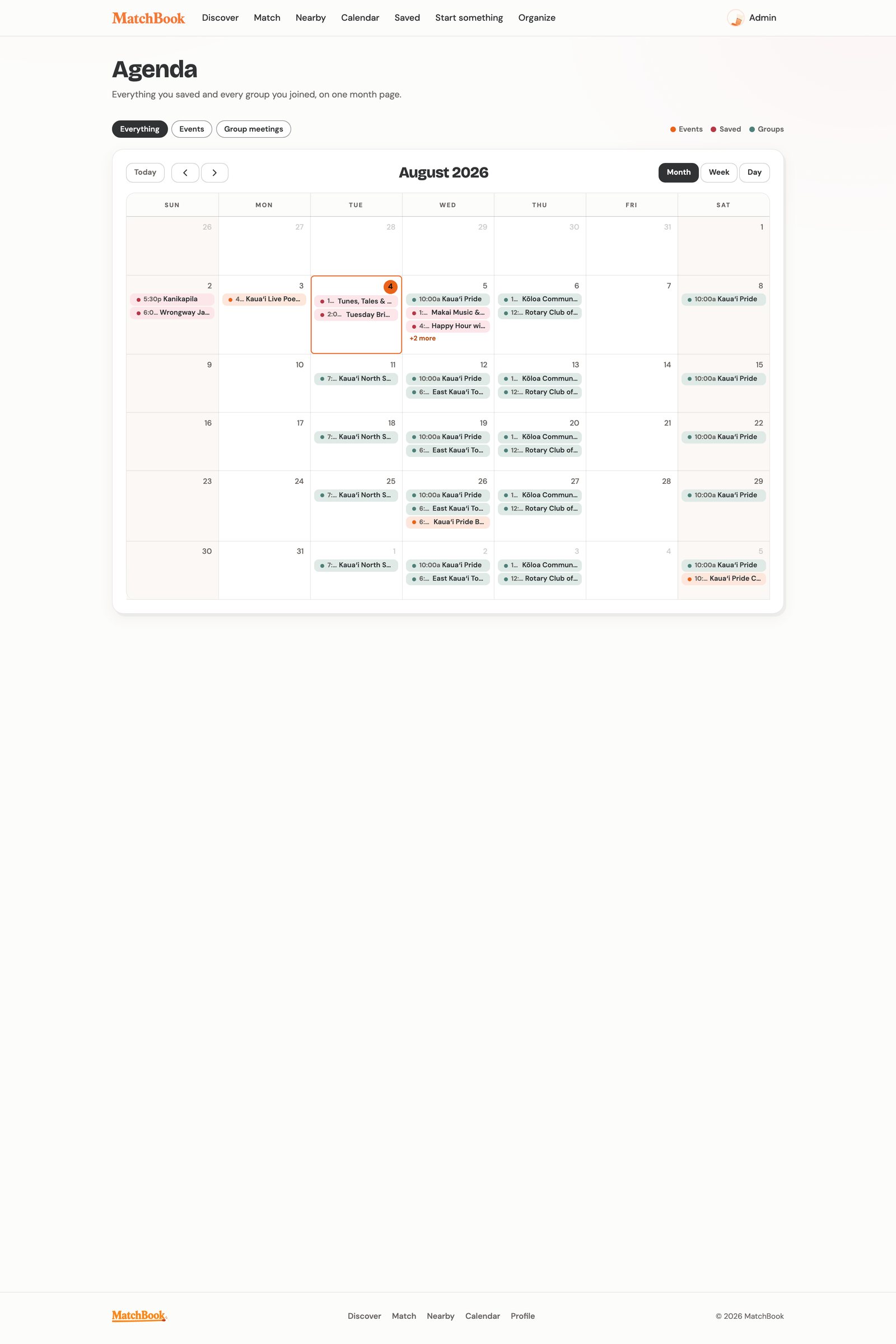 Agenda view merging saved events and group meetings on one month page
