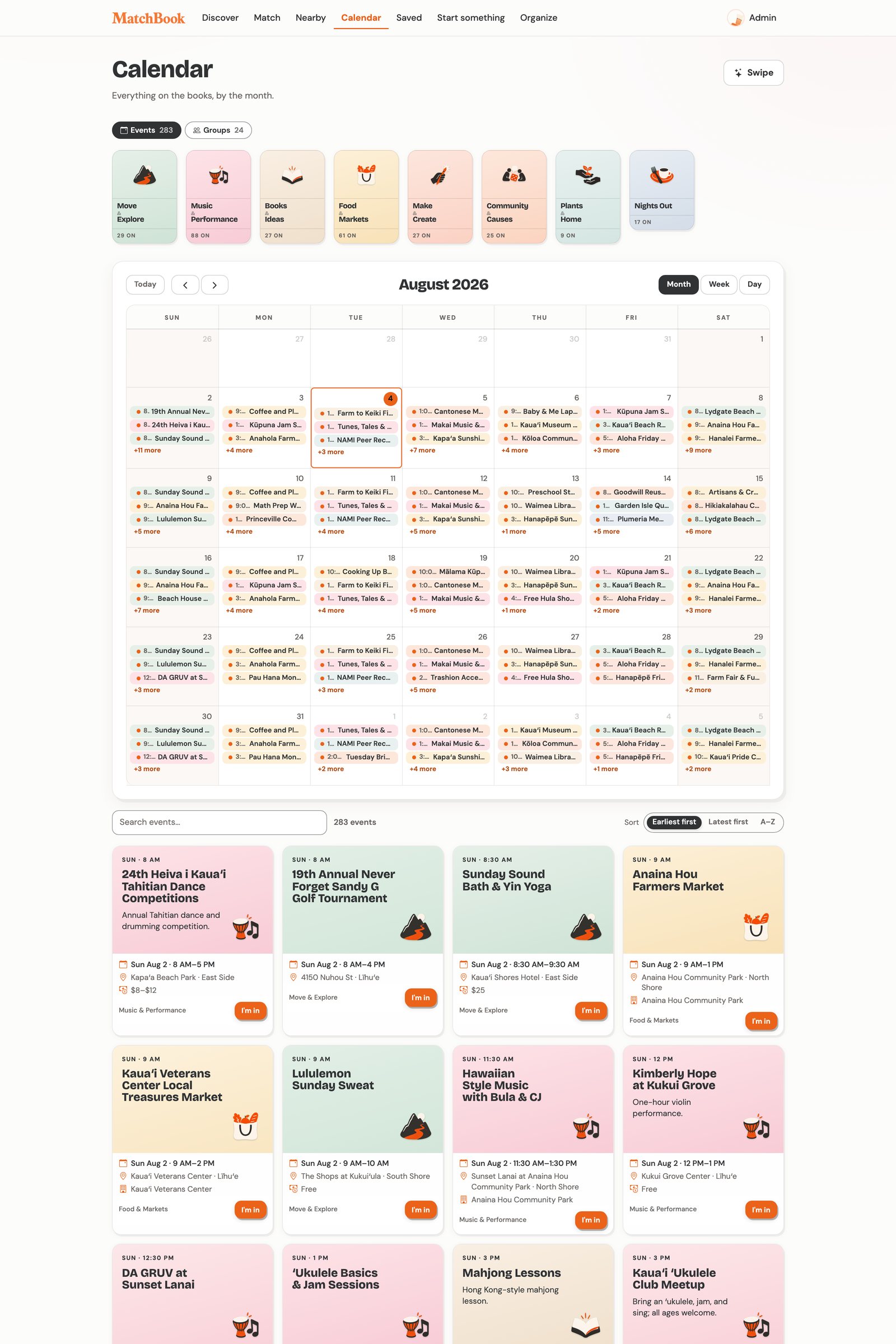 Month calendar filled with color-coded Kauai events