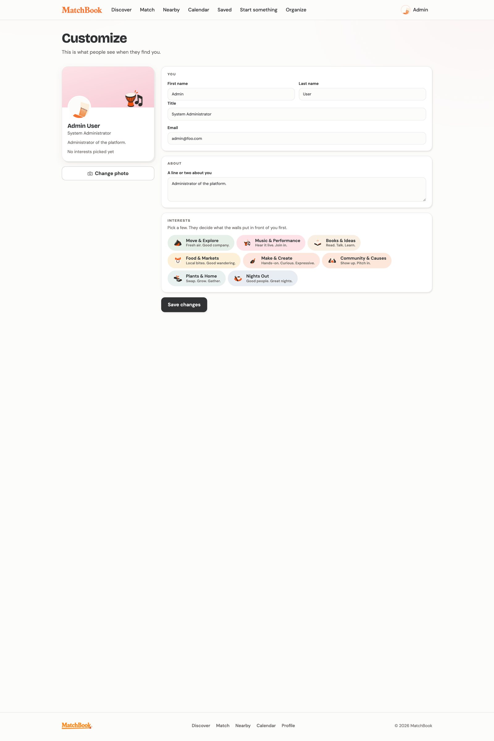 Customize page with profile fields and interest topic pickers
