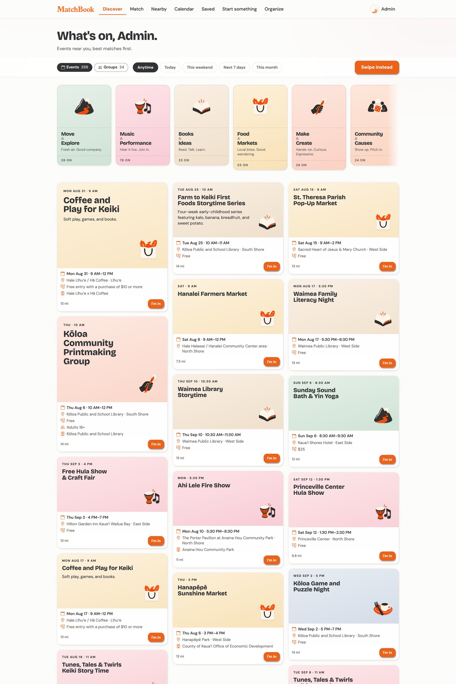 Discover page with interest category cards and event listings
