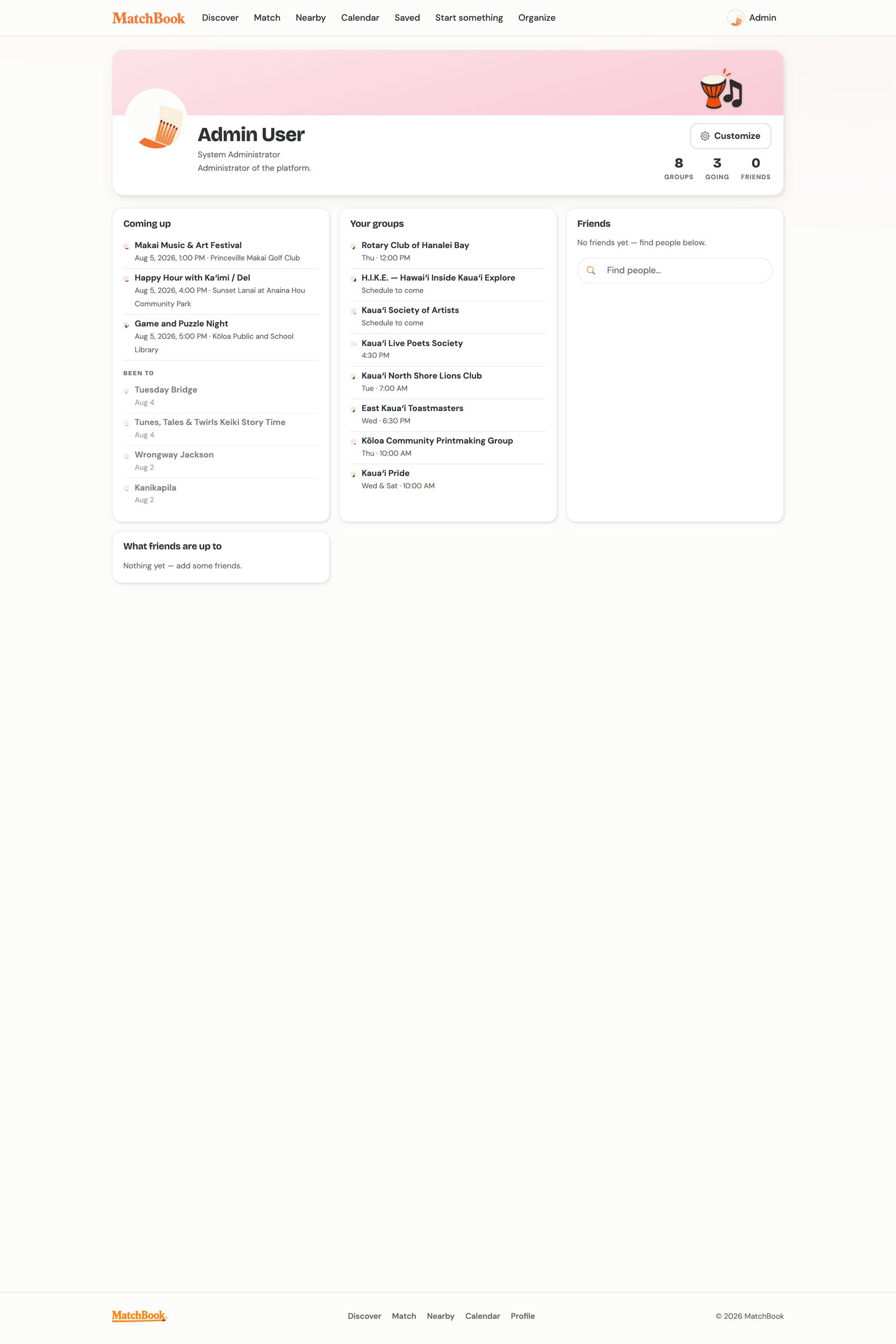 Profile page with coming-up events, group memberships, and friends